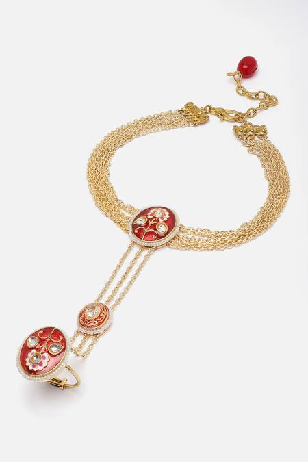 Dugran By Dugristyle Red Stones Gold-plated Lava Luster Hathphool Online at Aza Fashions Dugran By Dugristyle_Red Stones Gold-plated Lava Luster Hathphool _Online_at_Aza_Fashions