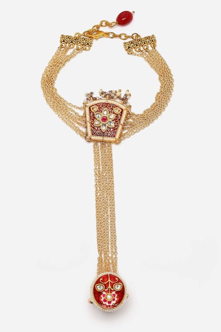 Shop Dugran By Dugristyle Red Gemstones, Pearls Merlot Magic Gold-plated Hathphool at Aza Fashions Shop_Dugran By Dugristyle_Red Gemstones, Pearls Merlot Magic Gold-plated Hathphool _at_Aza_Fashions