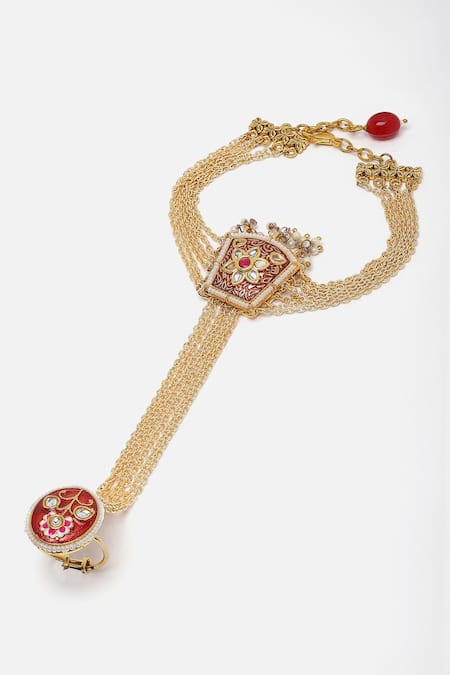 Dugran By Dugristyle Red Gemstones, Pearls Merlot Magic Gold-plated Hathphool Online at Aza Fashions Dugran By Dugristyle_Red Gemstones, Pearls Merlot Magic Gold-plated Hathphool _Online_at_Aza_Fashions