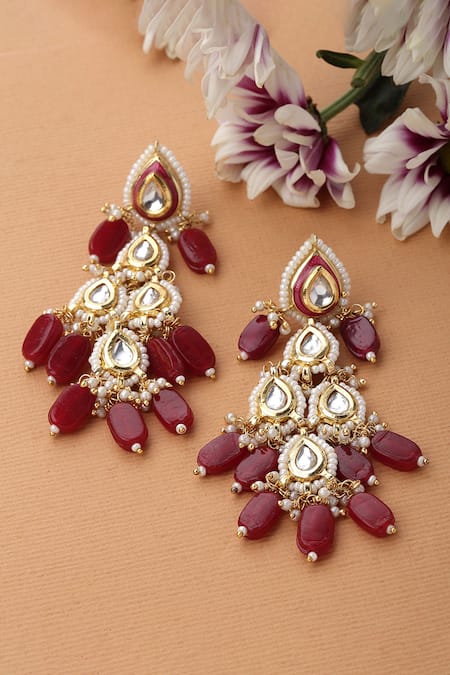 Shop Dugran By Dugristyle Red Pearls, Diamonds Gold-plated Aabshaar Aag Drop Earrings at Aza Fashions Shop_Dugran By Dugristyle_Red Pearls, Diamonds Gold-plated Aabshaar Aag Drop Earrings _at_Aza_Fashions