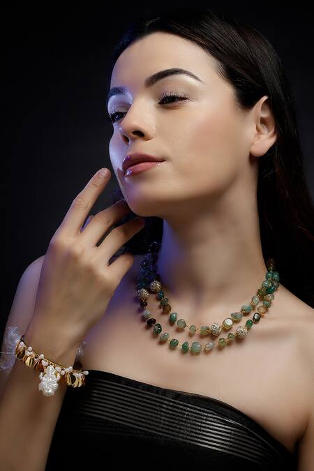 Shop Dugran By Dugristyle Gold Plated Pearls, Chains Zard Khushi Bracelet Online at Aza Fashions Shop_Dugran By Dugristyle_Gold Plated Pearls, Chains Zard Khushi Bracelet _Online_at_Aza_Fashions