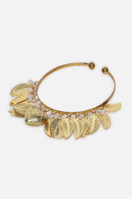 Dugran By Dugristyle_Gold Plated Chains, Pearls Leaf Design Bracelet _Online_at_Aza_Fashions