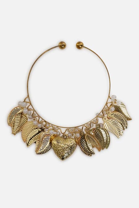 Buy_Dugran By Dugristyle_Gold Plated Chains, Pearls Leaf Design Bracelet _Online_at_Aza_Fashions