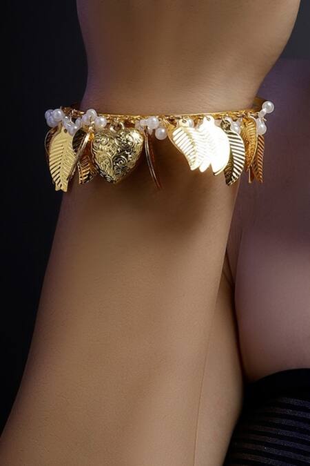 Shop_Dugran By Dugristyle_Gold Plated Chains, Pearls Leaf Design Bracelet _Online_at_Aza_Fashions