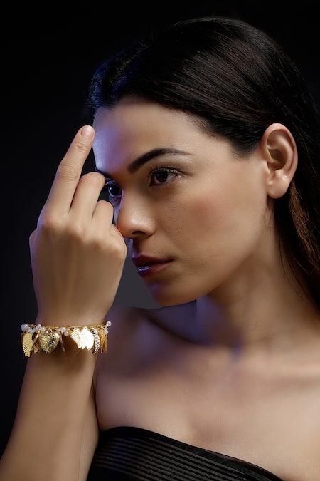 Dugran By Dugristyle Gold Plated Chains, Pearls Leaf Design Bracelet 