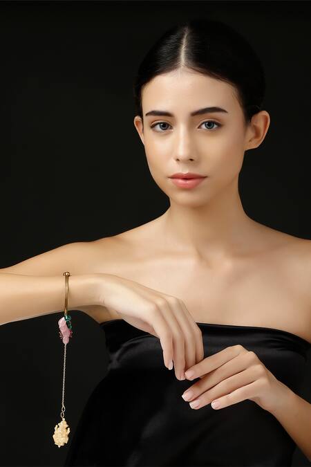 Shop_Dugran By Dugristyle_Pink Beads, Gemstones Shabnam Gold-plated Bracelet _Online_at_Aza_Fashions