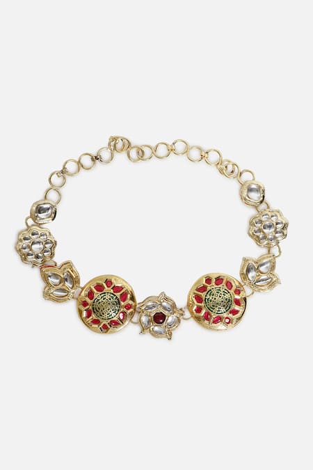 Shop Dugran By Dugristyle Red Gold-plated Roshni-e-rang Matha Patti at Aza Fashions Shop_Dugran By Dugristyle_Red Gold-plated Roshni-e-rang Matha Patti _at_Aza_Fashions