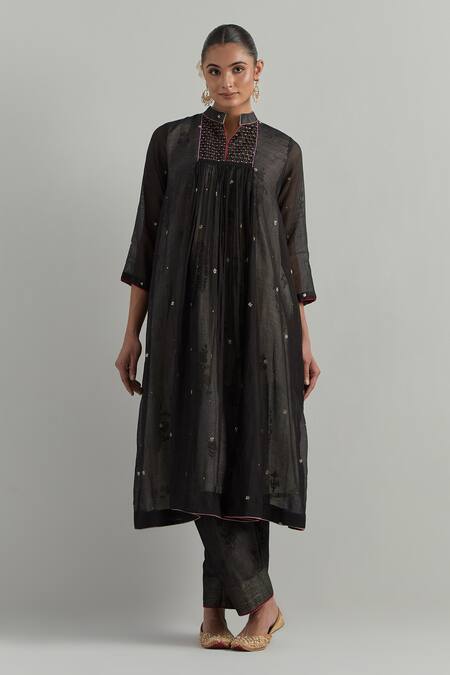 Shop_Ikshita Choudhary_Black Chanderi Embroidery Mandarin Collar Kurta Set _Online_at_Aza_Fashions