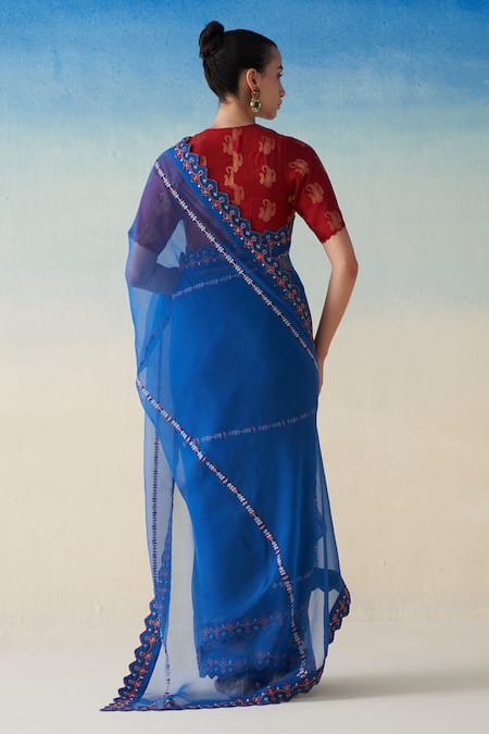 Janki India Midnight Blue Hand Embroidered Saree Set 