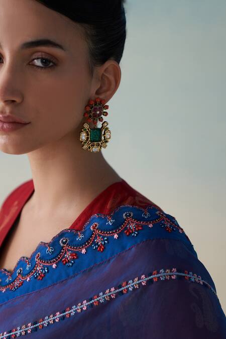 Janki India_Blue Organza, Cotton Embroidery Midnight Hand Saree Set _Online_at_Aza_Fashions