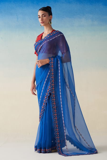 Buy_Janki India_Blue Organza, Cotton Embroidery Midnight Hand Saree Set _Online_at_Aza_Fashions