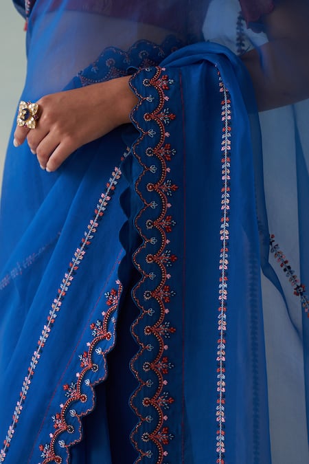 Shop_Janki India_Blue Organza, Cotton Embroidery Midnight Hand Saree Set _Online_at_Aza_Fashions