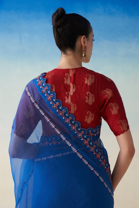 Janki India_Blue Organza, Cotton Embroidery Midnight Hand Saree Set _at_Aza_Fashions