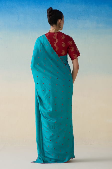Janki India Turquoise Hand Embroidered Saree Set 
