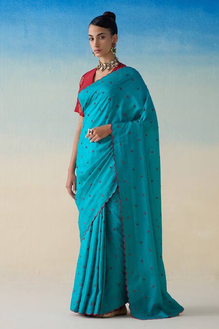 Buy_Janki India_Blue Silk, Cotton Embroidery Turquoise Hand Saree Set _Online_at_Aza_Fashions