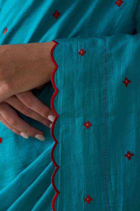 Shop_Janki India_Blue Silk, Cotton Embroidery Turquoise Hand Saree Set _Online_at_Aza_Fashions