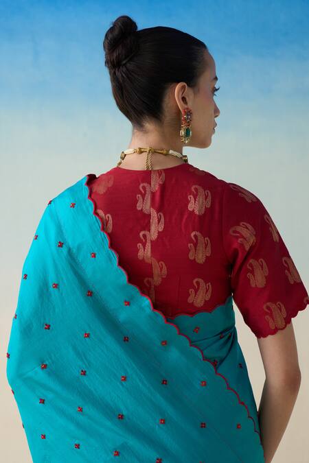 Janki India_Blue Silk, Cotton Embroidery Turquoise Hand Saree Set _at_Aza_Fashions