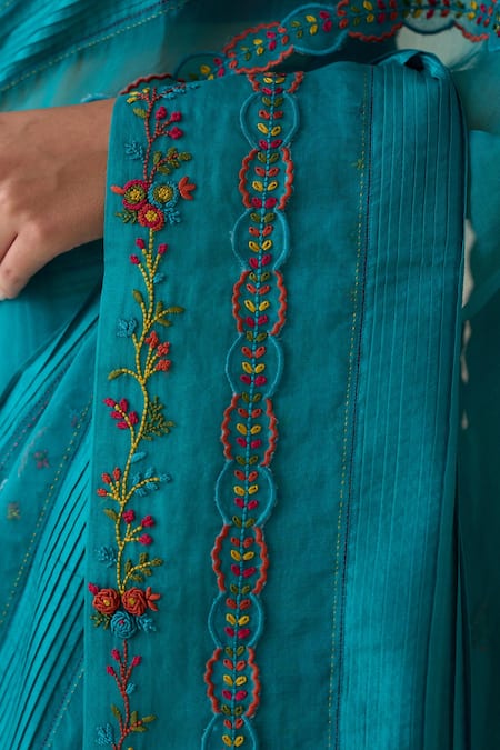 Janki India_Turquoise Organza, Silk, Cotton Embroidery Hand Saree _Online_at_Aza_Fashions
