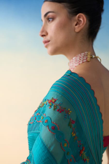 Buy_Janki India_Turquoise Organza, Silk, Cotton Embroidery Hand Saree _Online_at_Aza_Fashions