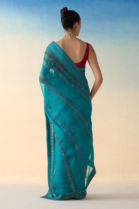 Janki India Turquoise Hand Embroidered Saree 