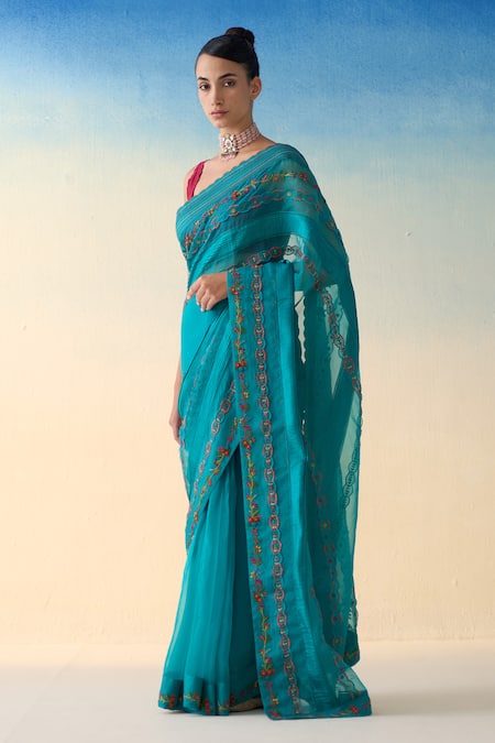 Shop_Janki India_Turquoise Organza, Silk, Cotton Embroidery Hand Saree _Online_at_Aza_Fashions