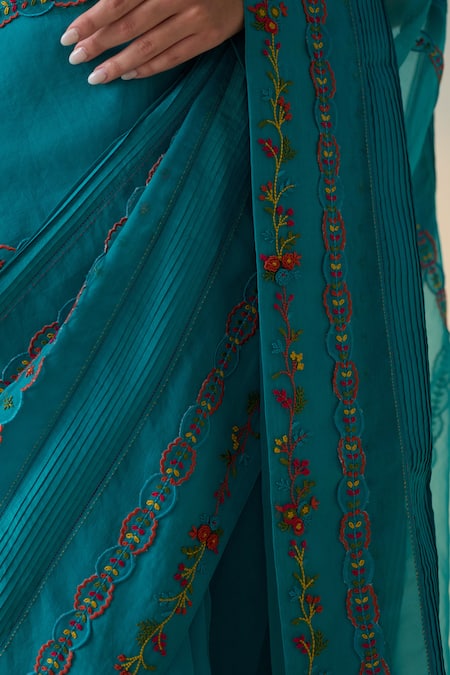 Janki India_Turquoise Organza, Silk, Cotton Embroidery Hand Saree _at_Aza_Fashions