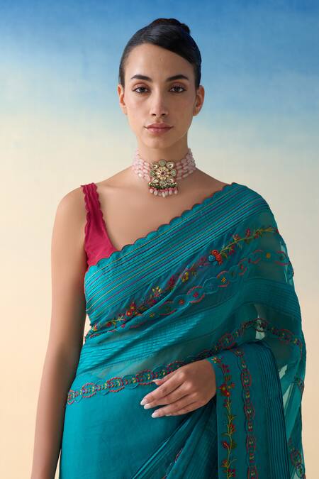 Buy_Janki India_Turquoise Organza, Silk, Cotton Embroidery Hand Saree 