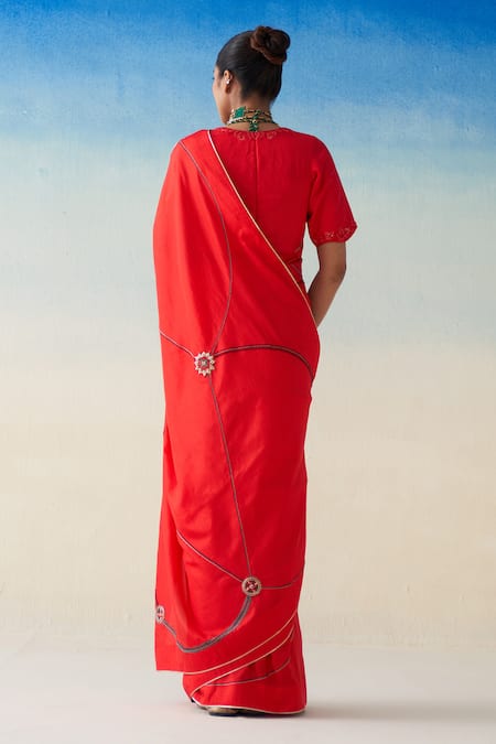 Janki India Red Hand Embroidered Silk Saree 