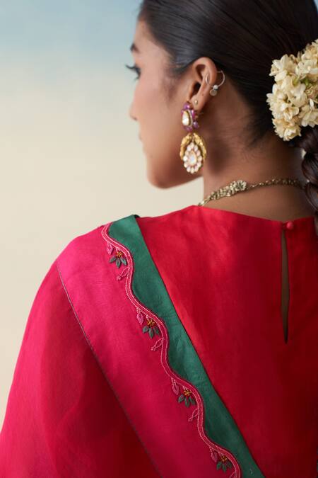 Janki India_Magenta Organza, Cotton Embroidery Hand Saree _Online_at_Aza_Fashions