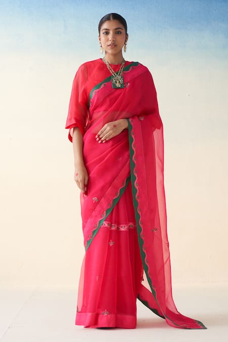 Janki India Magenta Hand Embroidered Organza Saree 