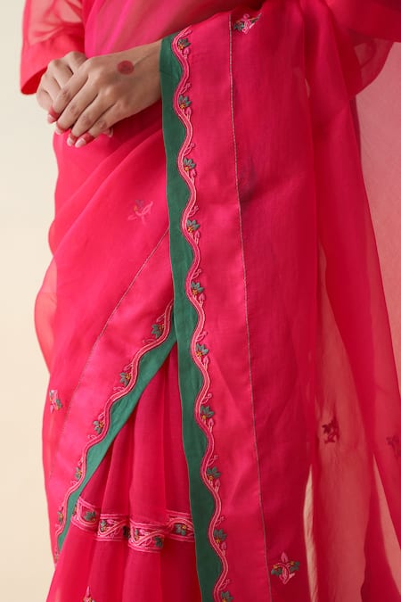 Shop_Janki India_Magenta Organza, Cotton Embroidery Hand Saree _Online_at_Aza_Fashions