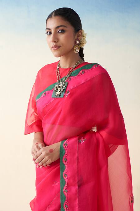 Janki India_Magenta Organza, Cotton Embroidery Hand Saree _at_Aza_Fashions