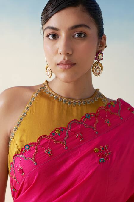 Janki India_Magenta Silk, Cotton Embroidery Hand Saree _Online_at_Aza_Fashions