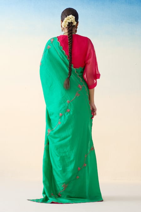Janki India Green Hand Embroidered Silk Saree 