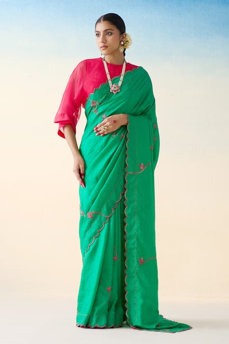 Janki India_Green Silk, Cotton Embroidery Hand Saree _Online_at_Aza_Fashions
