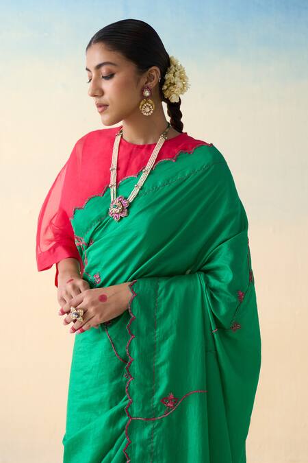 Buy_Janki India_Green Silk, Cotton Embroidery Hand Saree _Online_at_Aza_Fashions