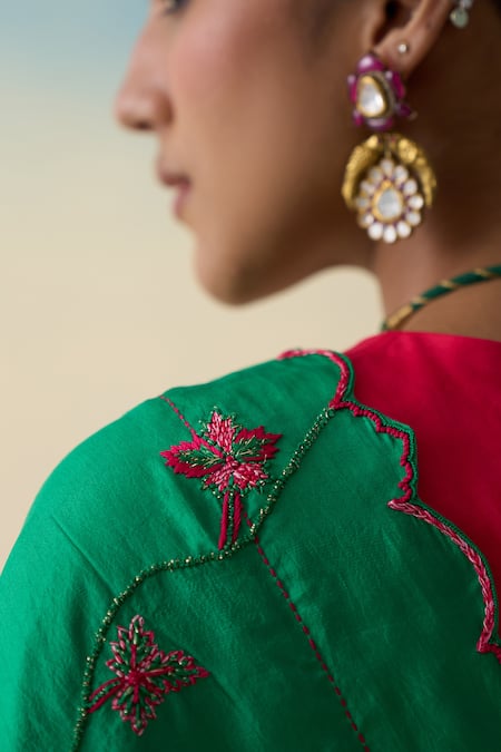 Shop_Janki India_Green Silk, Cotton Embroidery Hand Saree _Online_at_Aza_Fashions