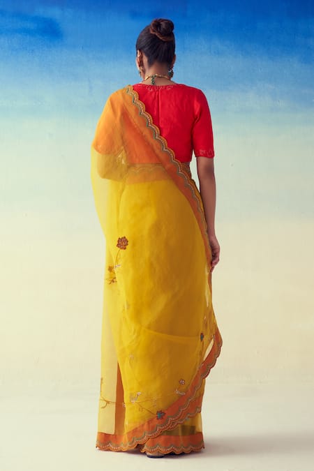 Janki India Yellow Hand Embroidered Saree Set 