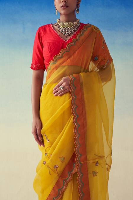 Buy_Janki India_Yellow Organza, Cotton Embroidery Hand Saree _Online_at_Aza_Fashions