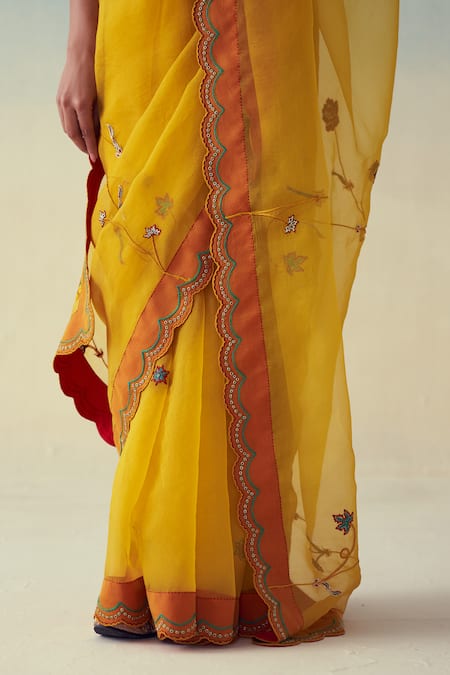 Shop_Janki India_Yellow Organza, Cotton Embroidery Hand Saree _Online_at_Aza_Fashions