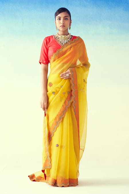 Janki India Yellow Hand Embroidered Saree Set 