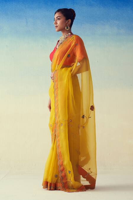 Janki India_Yellow Organza, Cotton Embroidery Hand Saree _at_Aza_Fashions