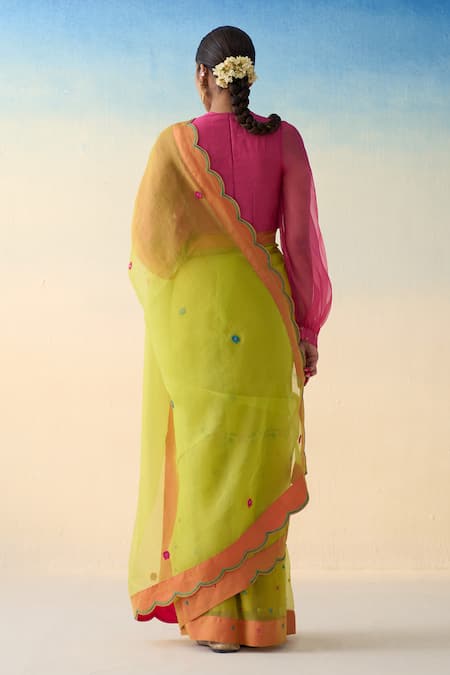 Janki India Lime Green Hand Embroidered Saree Set 