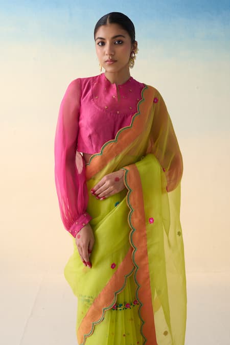 Janki India_Lime Organza, Cotton Embroidery Green Hand Saree Set _Online_at_Aza_Fashions