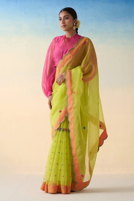 Buy_Janki India_Lime Organza, Cotton Embroidery Green Hand Saree Set _Online_at_Aza_Fashions