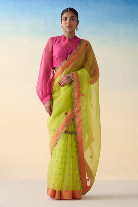 Janki India Lime Green Hand Embroidered Saree Set 