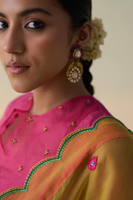 Shop_Janki India_Lime Organza, Cotton Embroidery Green Hand Saree Set _Online_at_Aza_Fashions