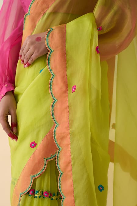 Janki India_Lime Organza, Cotton Embroidery Green Hand Saree Set _at_Aza_Fashions