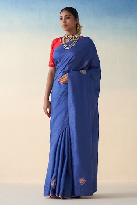 Janki India_Blue Silk, Cotton Embroidery Hand Saree Set _Online_at_Aza_Fashions