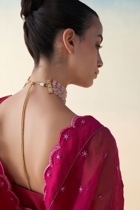 Shop Janki India Wine Organza, Cotton Embroidery Hand Saree Set Online at Aza Fashions Shop_Janki India_Wine Organza, Cotton Embroidery Hand Saree Set _Online_at_Aza_Fashions